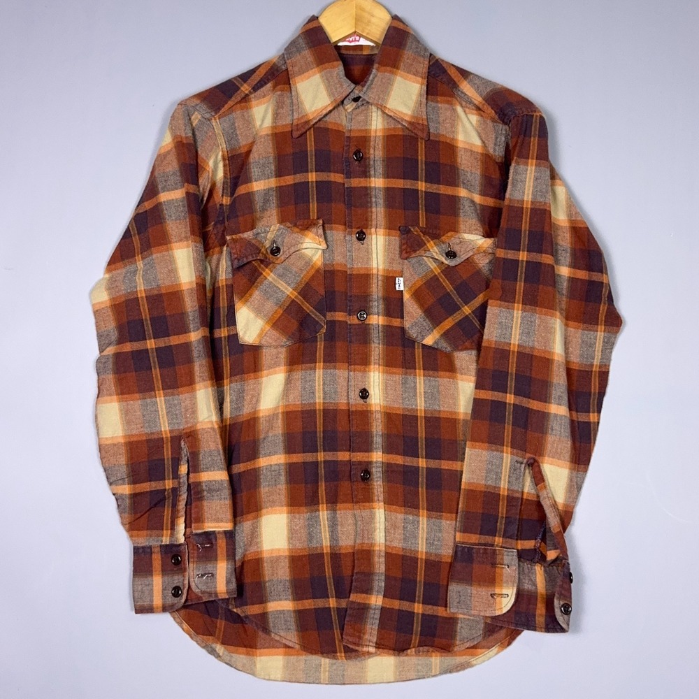 Levi's Vintage Plaid Flannel Shirt Mens Size Medium Cotton Brown Grunge USA Made